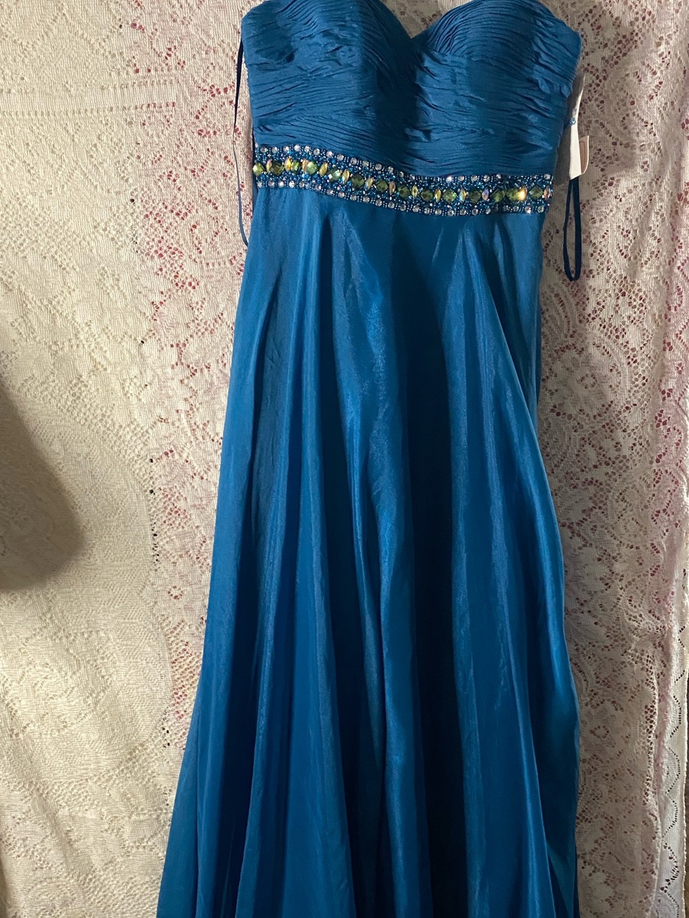 Dave and Jonny Strapless Beaded Empire Waist Teal Evening Gown/ Prom